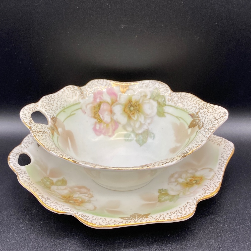 Vintage RC berries and cream bowl and tray, porcelain, white, pink & gold.